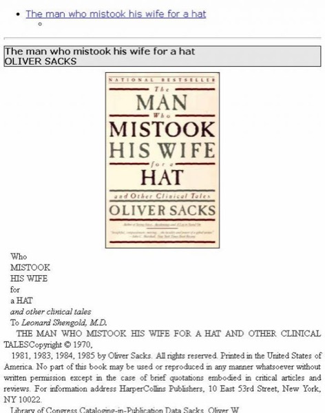 The man who mistook his wife for a hat by Oliver Sacks