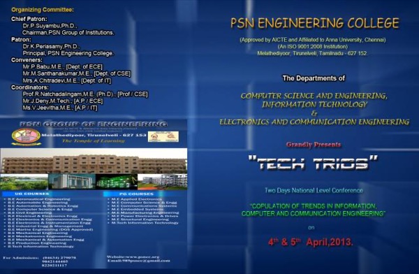 NATIONAL CONFERENCE ON COPULATION OF TRENDS IN INFORMATION, COMPUTER AND COMMUNICATION ENGINEEGING, PSN ENGINEERING COLLEGE by DENY J